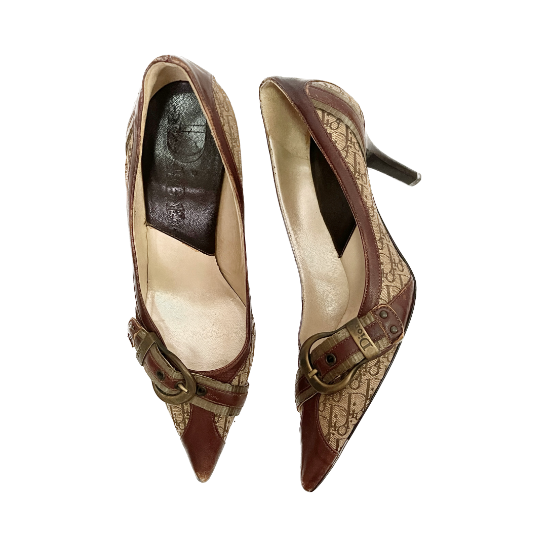 Dior Brown Monogram Canvas and Leather Detail Buckle Pointed Pumps
