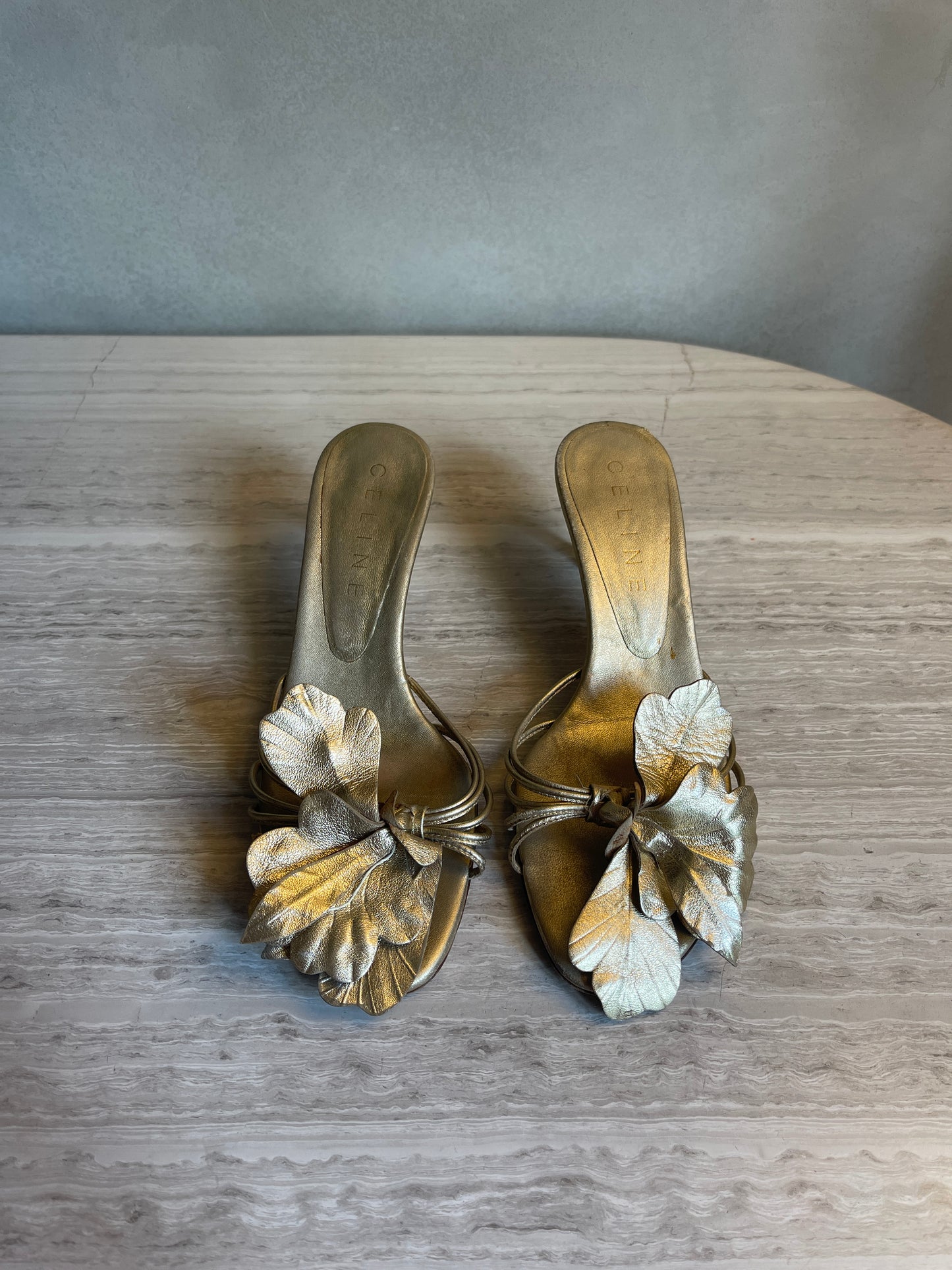 Celine Gold Leaf Appliqué Sandals