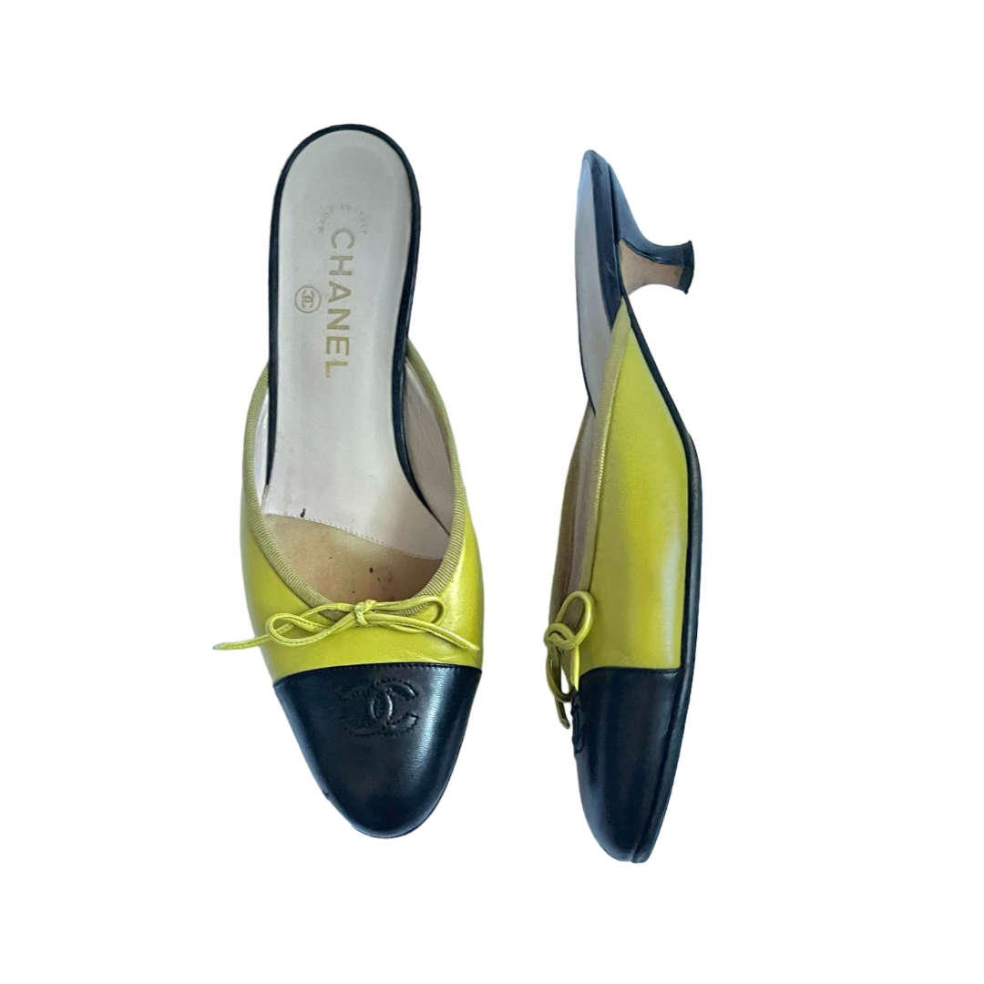 Chanel CC Cap Toe Mid Heel Leather Mules in Avocado Green