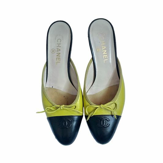 Chanel CC Cap Toe Mid Heel Leather Mules in Avocado Green